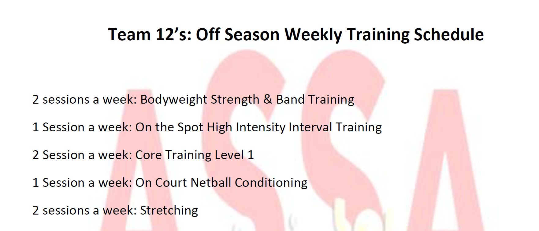 12S weekly training schedule